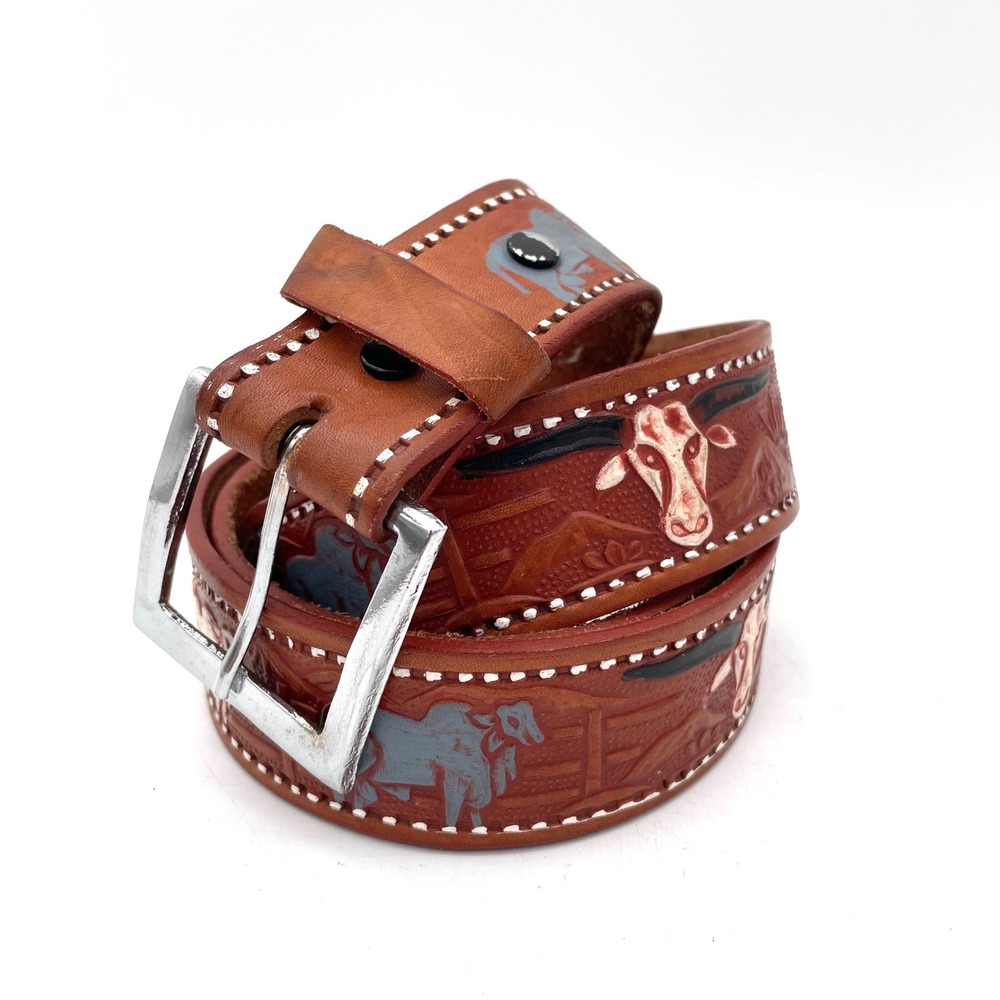 Vintage Belt Leather Men 40 Brown Good Tooled Hand Painted Western Cowboy